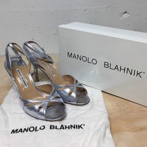 Manolo Blahnik silver strap classic heels